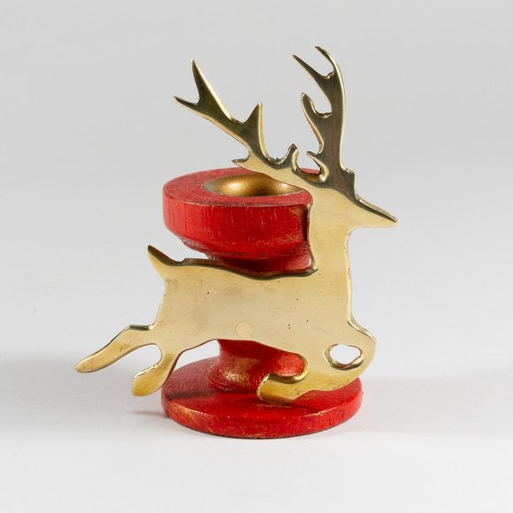 Eddie Bauer Brass & Wood Reindeer Taper Candle Holders, Set of 3 - Picture 2 of 4